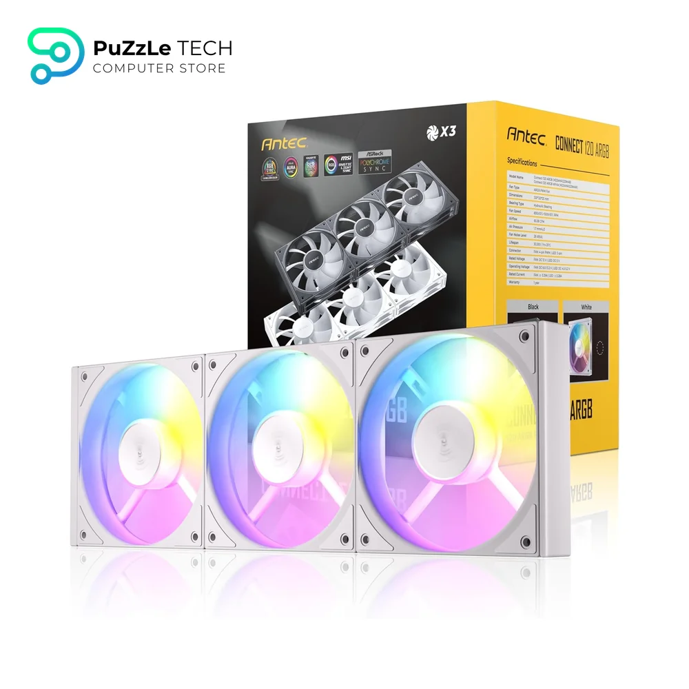 Antec Connect C120 ARGB 120mm PWM Case Fan White 3PK - 9 Blade - 800-1500rpm - 65.08CFM - 28dBA - Hydraulic Bearing - 4-Pin PWM