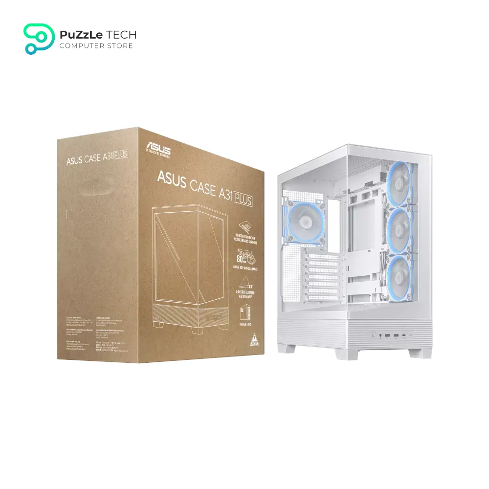 ASUS A31 Plus TG ARGB White ATX PC Case - Pre-Installed ARGB Fans - Glass Front Panel - Hidden Port Motherboard Compatible - 360mm Radiators - 380mm Graphics Cards - White 12