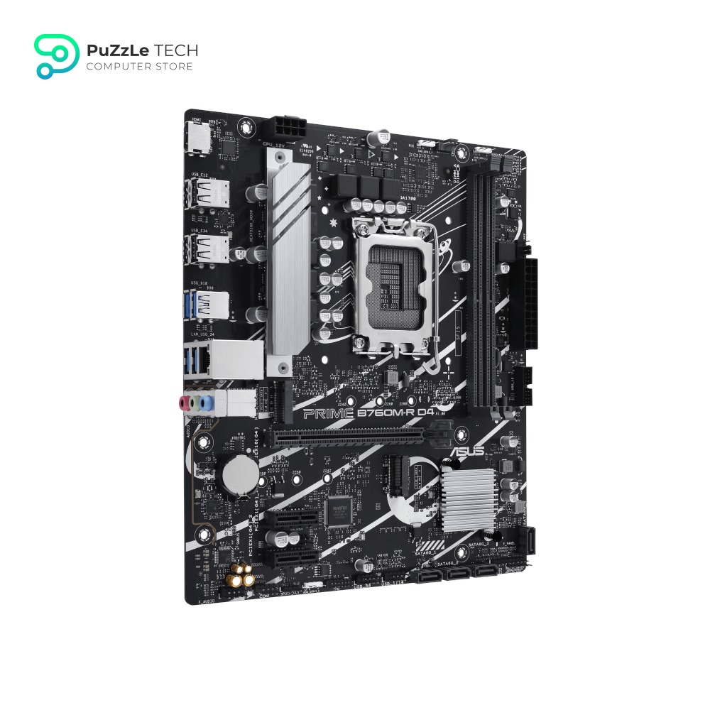 ASUS PRIME B760M-R D4, an Intel B760 LGA 1700 micro-ATX motherboard with PCIe 4.0, two PCIe 4.0 M.2 slots, DDR4, Realtek 2.5Gb Ethernet, HDMI™, SATA 6 Gbps, front USB 5Gbps ports, Aura Sync 3