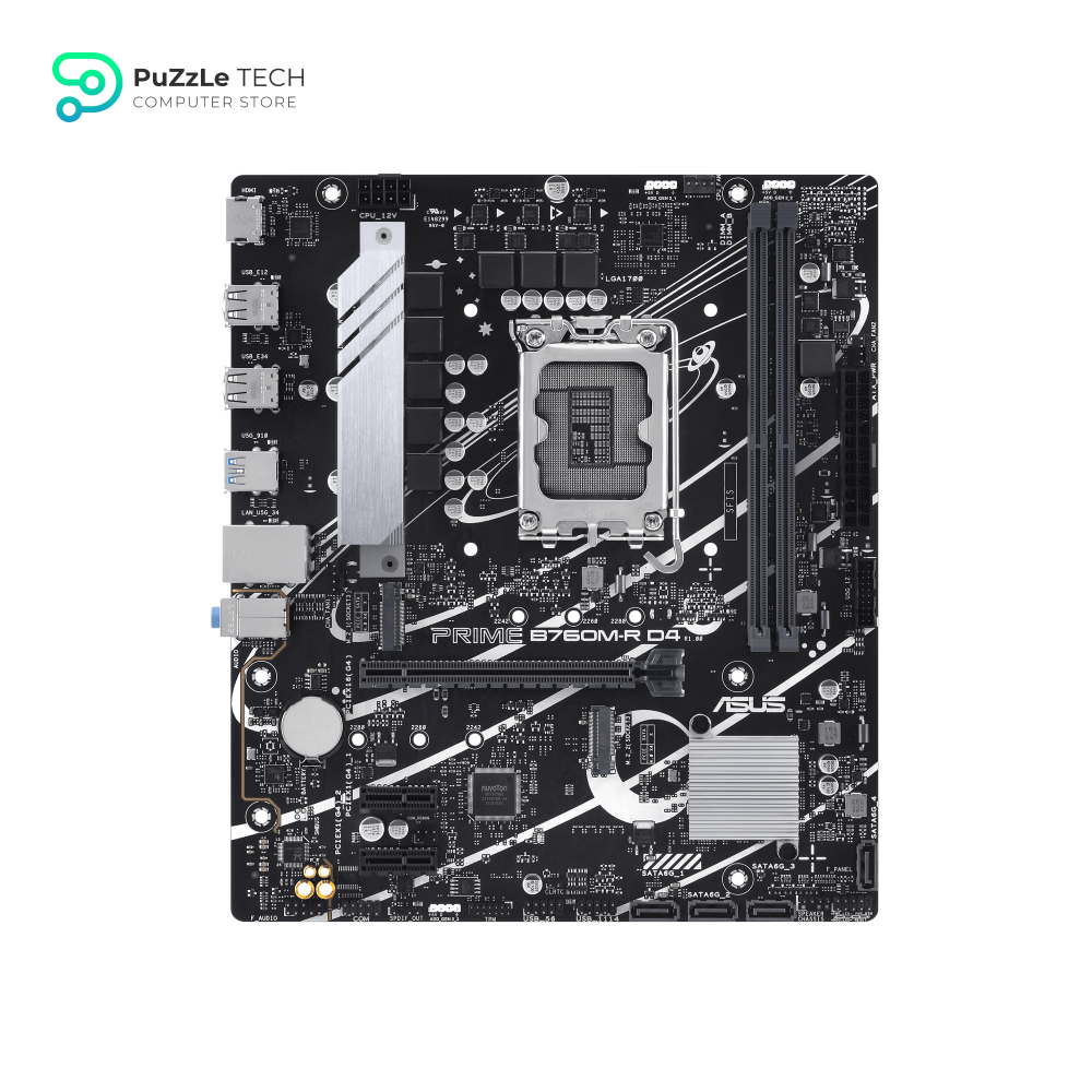 ASUS PRIME B760M-R D4, an Intel B760 LGA 1700 micro-ATX motherboard with PCIe 4.0, two PCIe 4.0 M.2 slots, DDR4, Realtek 2.5Gb Ethernet, HDMI™, SATA 6 Gbps, front USB 5Gbps ports, Aura Sync 2