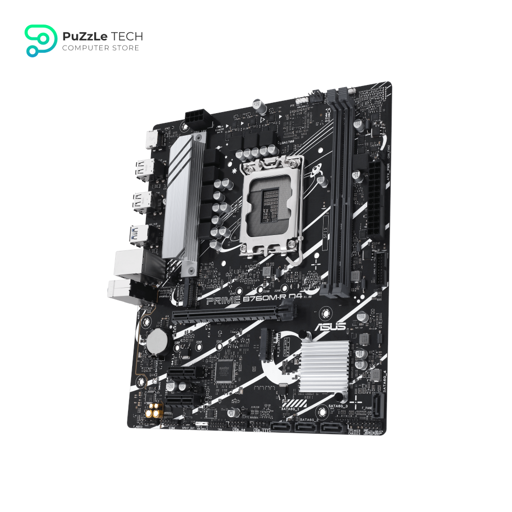 ASUS PRIME B760M-R D4, an Intel B760 LGA 1700 micro-ATX motherboard with PCIe 4.0, two PCIe 4.0 M.2 slots, DDR4, Realtek 2.5Gb Ethernet, HDMI™, SATA 6 Gbps, front USB 5Gbps ports, Aura Sync 4