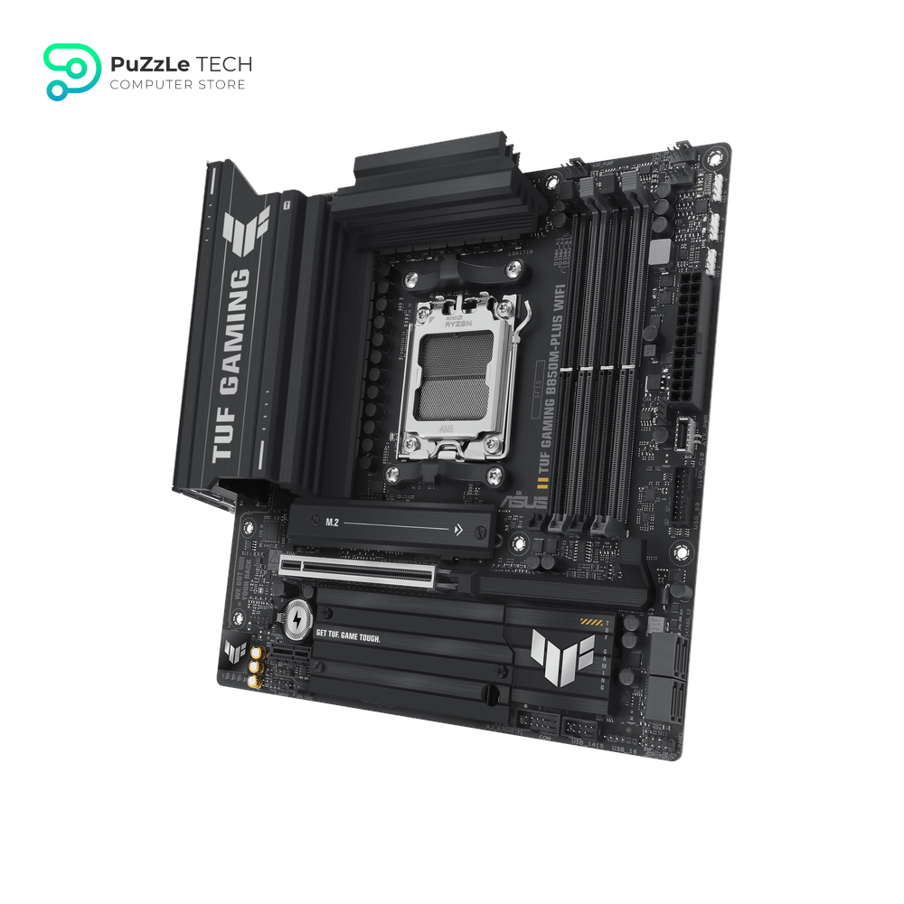 ASUS TUF Gaming B850M-PLUS WiFi AMD AM5 B850 mATX Motherboard, 14+2+1 80A DrMOS Stages, DDR5, PCIe 5.0, 3X M.2, Wi-Fi 6E, 2.5Gb LAN, DP, HDMI™, USB 10Gbps & 20Gbps Type-C®, BIOS Flashback™, Aura Sync 4