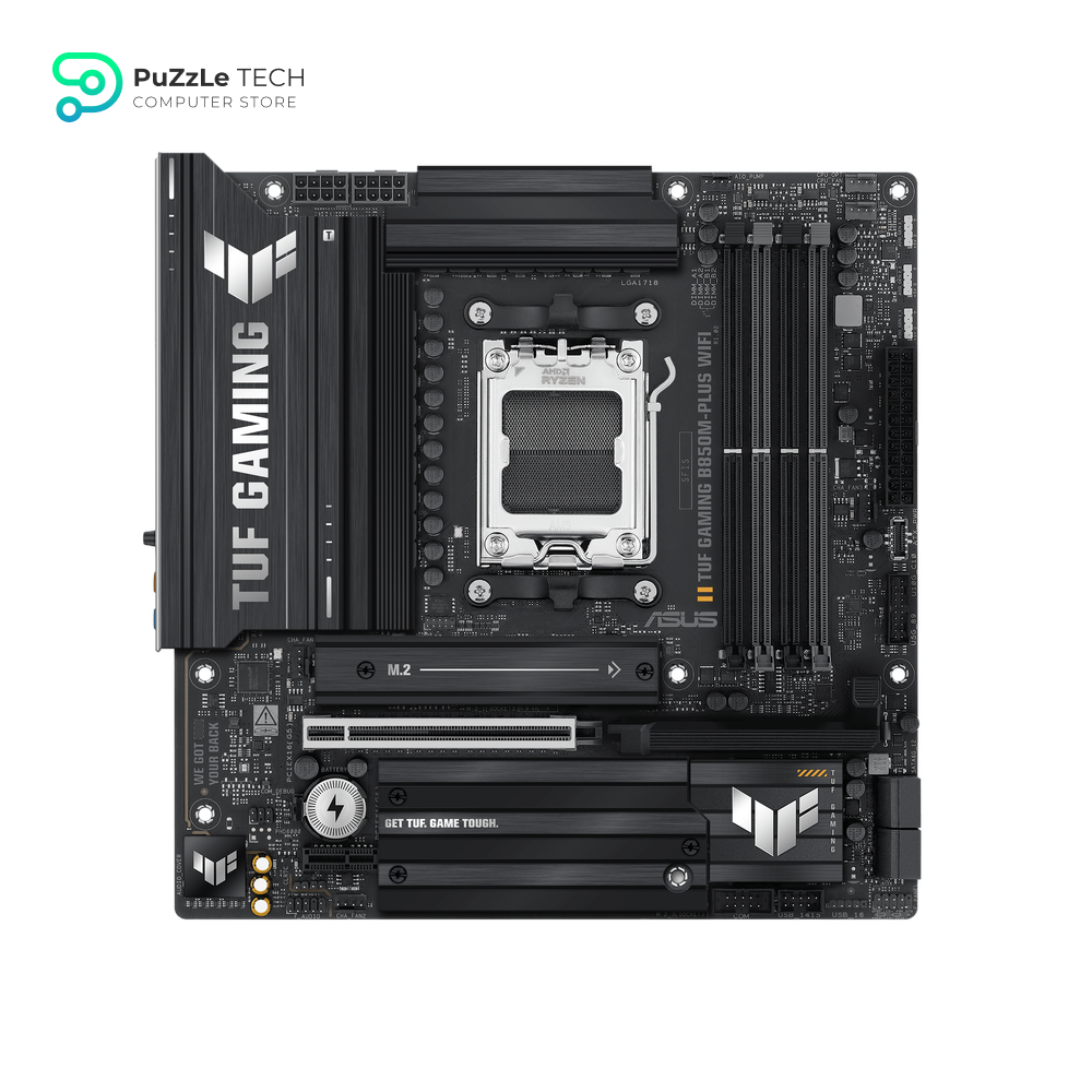 ASUS TUF Gaming B850M-PLUS WiFi AMD AM5 B850 mATX Motherboard, 14+2+1 80A DrMOS Stages, DDR5, PCIe 5.0, 3X M.2, Wi-Fi 6E, 2.5Gb LAN, DP, HDMI™, USB 10Gbps & 20Gbps Type-C®, BIOS Flashback™, Aura Sync 2