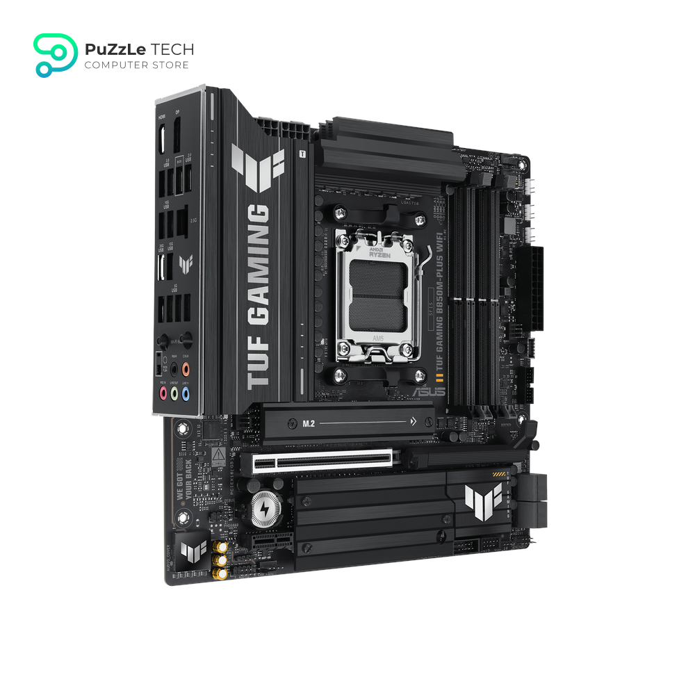 ASUS TUF Gaming B850M-PLUS WiFi AMD AM5 B850 mATX Motherboard, 14+2+1 80A DrMOS Stages, DDR5, PCIe 5.0, 3X M.2, Wi-Fi 6E, 2.5Gb LAN, DP, HDMI™, USB 10Gbps & 20Gbps Type-C®, BIOS Flashback™, Aura Sync 3