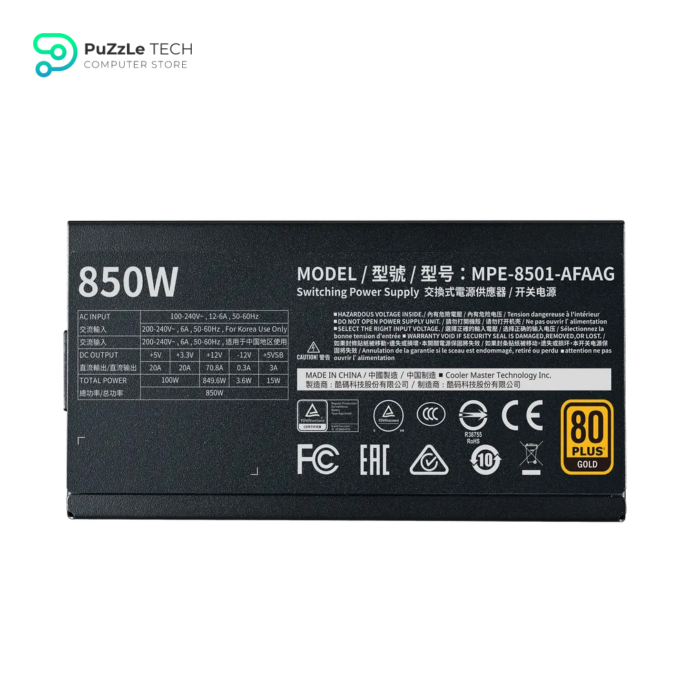 Cooler Master MWE Gold 850 V2 Fully Modular - 850W - 80+ Gold Efficiency - Quiet HDB Fan - 2 EPS Connectors - High Temperature Resilience 3