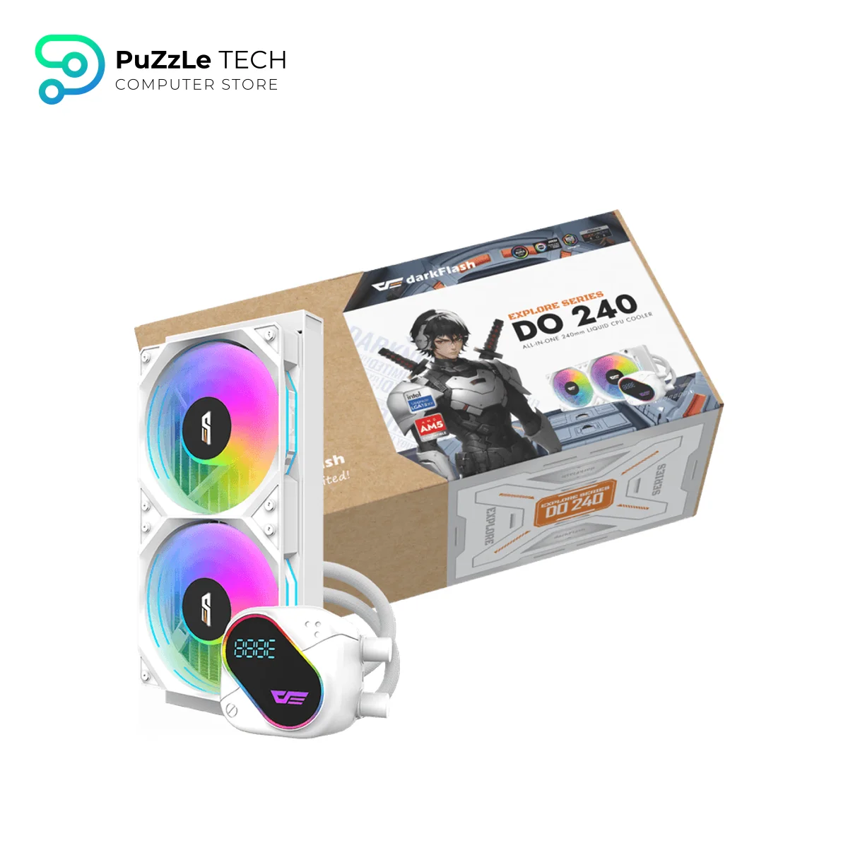 DarkFlash Explore DO 240 AIO White - 240mm Liquid CPU Cooler with Digital Temperature Screen - ARGB Fans - LGA1700/AM5 4