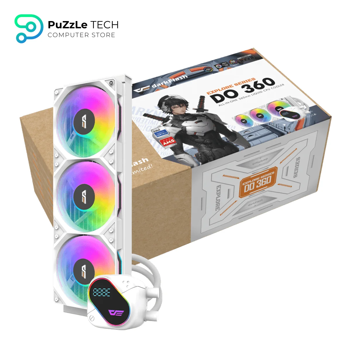 DarkFlash EXPLORE DO360 360mm AIO Liquid CPU Cooler Segment LCD Display 5V ARGB Lighting Copper Base 3000 RPM Pump Intel & AMD Compatible - White 4