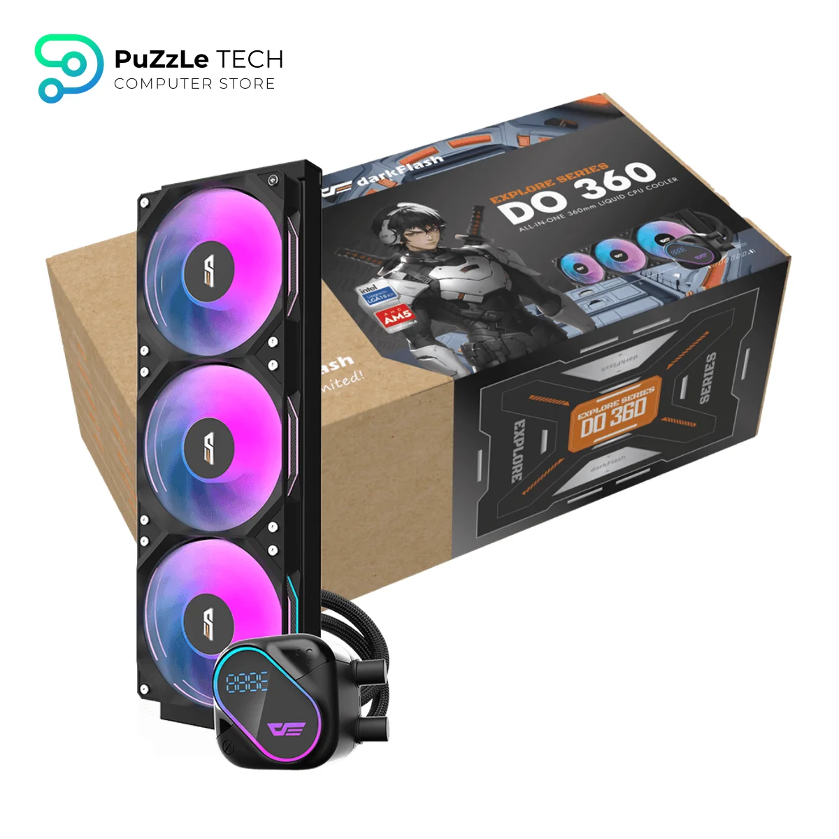 DarkFlash EXPLORE DO360 360mm AIO Liquid CPU Cooler Segment LCD Display 5V ARGB Lighting Copper Base 3000 RPM Pump Intel & AMD Compatible - Black 4