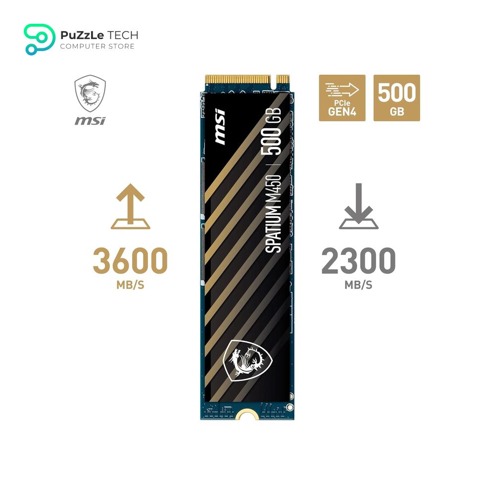 MSI SPATIUM M450 PCIe 4.0 NVMe M.2 500G - Up To 3600MB/s Read - 2300MB/s Write - PHISON E19T - 3D NAND - M.2 2280 - 300TBW 3