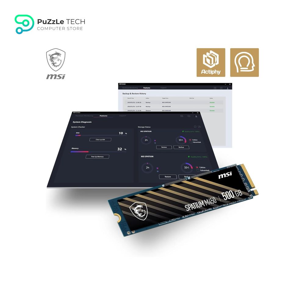 MSI SPATIUM M450 PCIe 4.0 NVMe M.2 500G - Up To 3600MB/s Read - 2300MB/s Write - PHISON E19T - 3D NAND - M.2 2280 - 300TBW 7