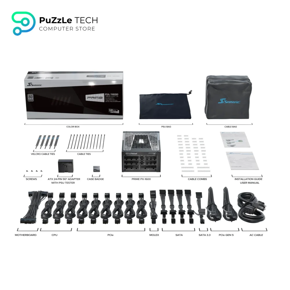 Seasonic Prime PX-1600 1600W ATX 3.1 80 Plus Platinum Fully Modular Hybrid Fan Power Supply 13