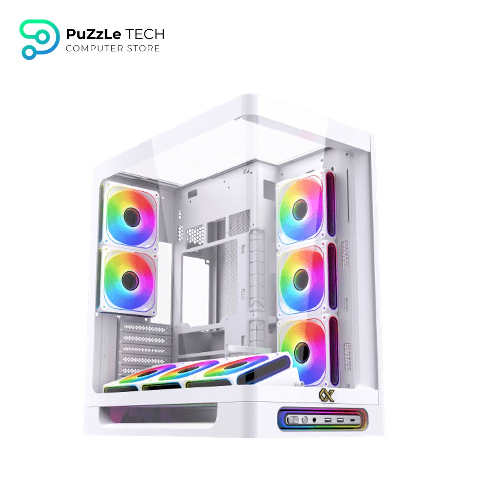 Xigamtek Heaven Arctic 8 Fan Argb Pwm E ATX Support BTF MB Type C Single Piece Curved Tempered Glass White Mid Tower Case 4